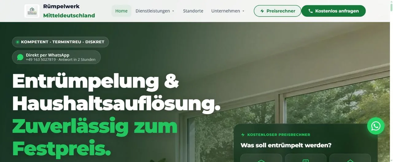Startseite von Rümpelwerk Mitteldeutschland mit Preisrechner im Hero
